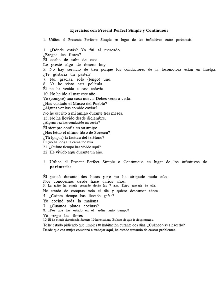 Ejercicios de Presente Perfecto Simple y Continuo | PDF