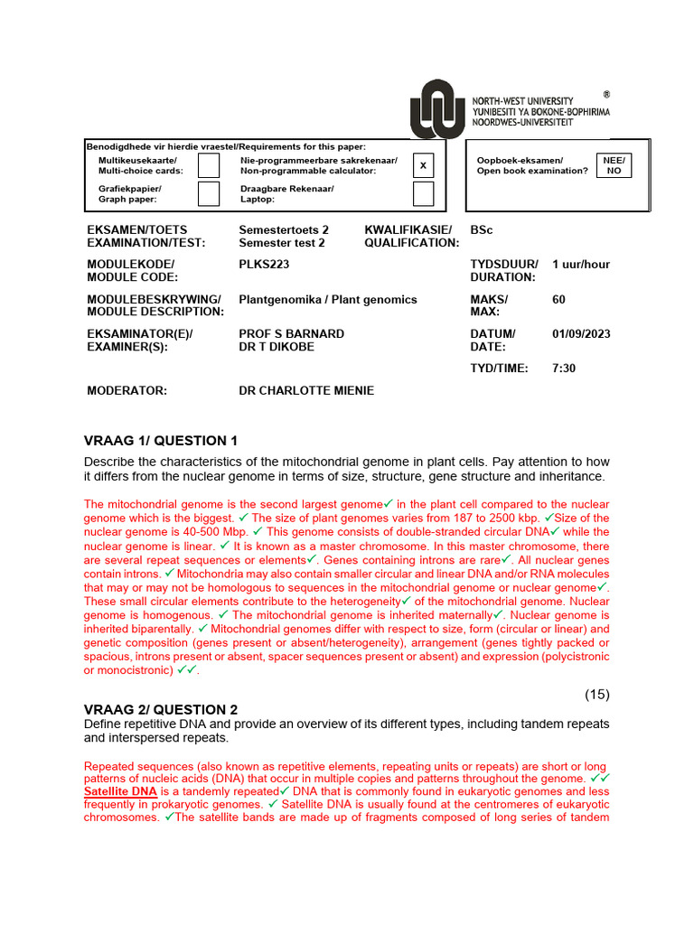 2023 PLKS223 Semester Test 2 Memo | PDF | Genome | Dna