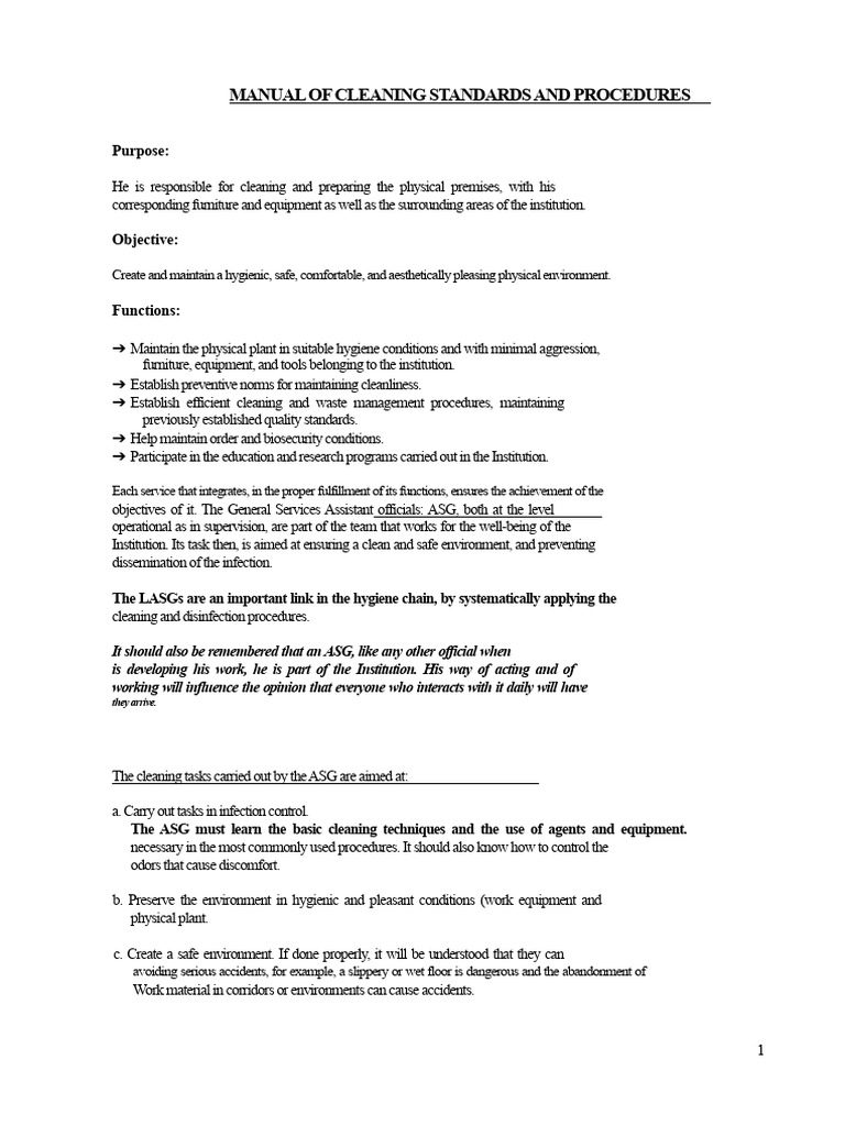 Cleaning Standards and Procedures Manual | PDF | Disinfectant ...