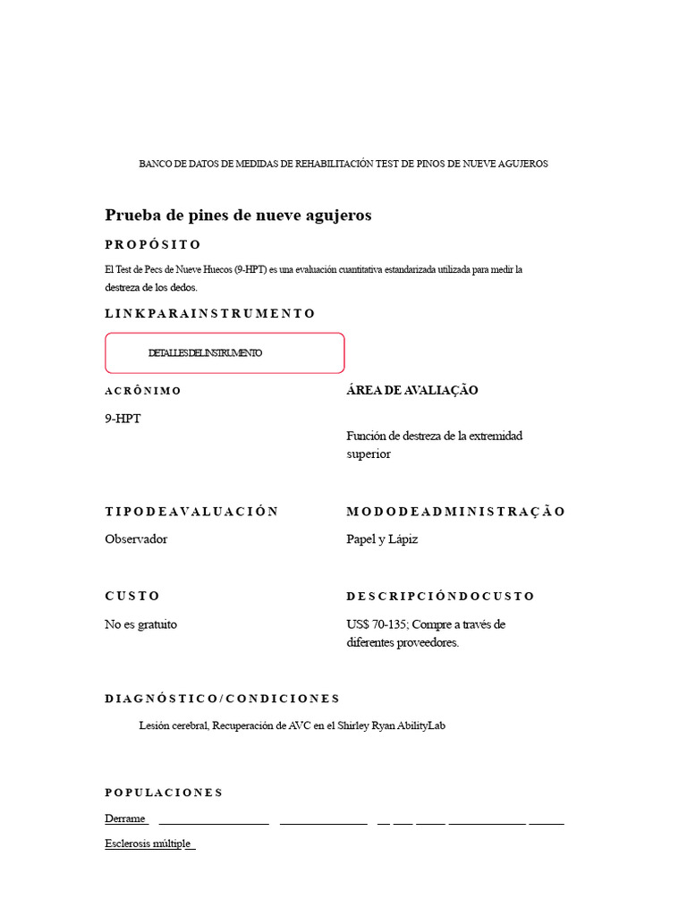 Test de Pecs de Nueve Agujeros (9-HPT) | PDF | Enfermedades y ...