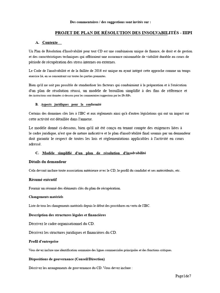 Plan de Résolution d'Insolvabilité IBC | PDF | Débiteur | Dettes