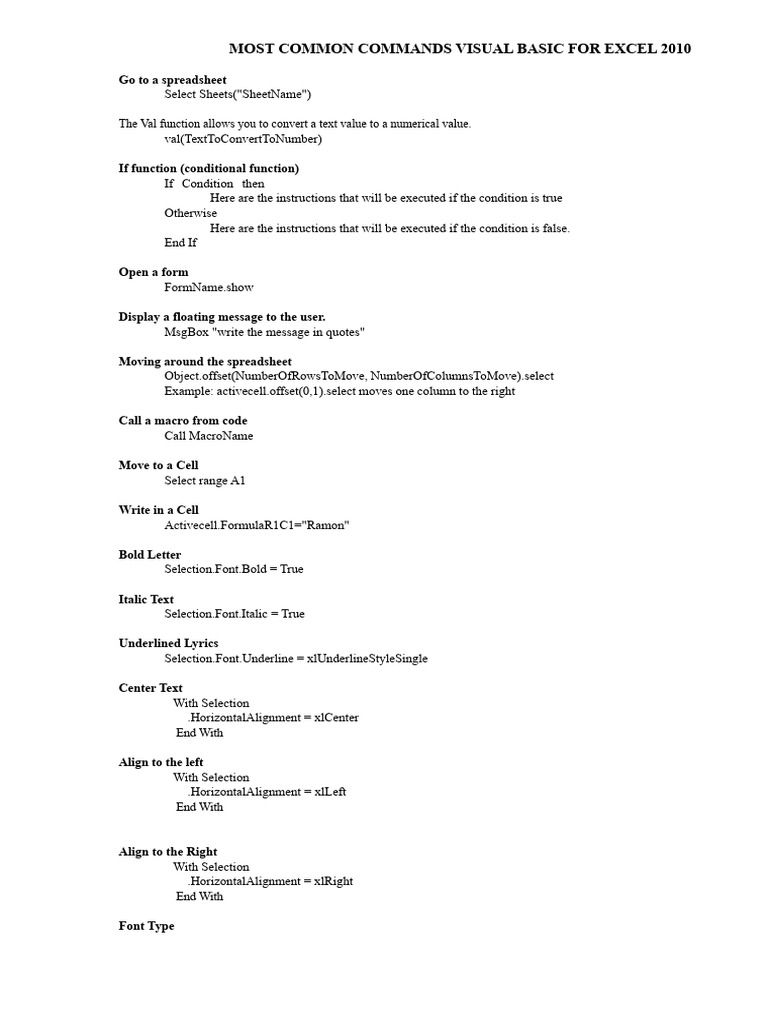 Most Common Visual Basic Commands For Excel 2010 | PDF | Microsoft ...