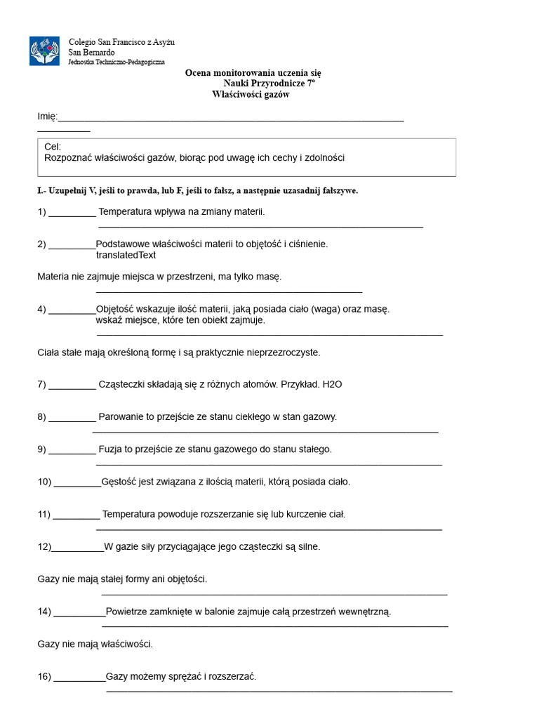 Test Właściwości Gazów 7 Klasy | PDF