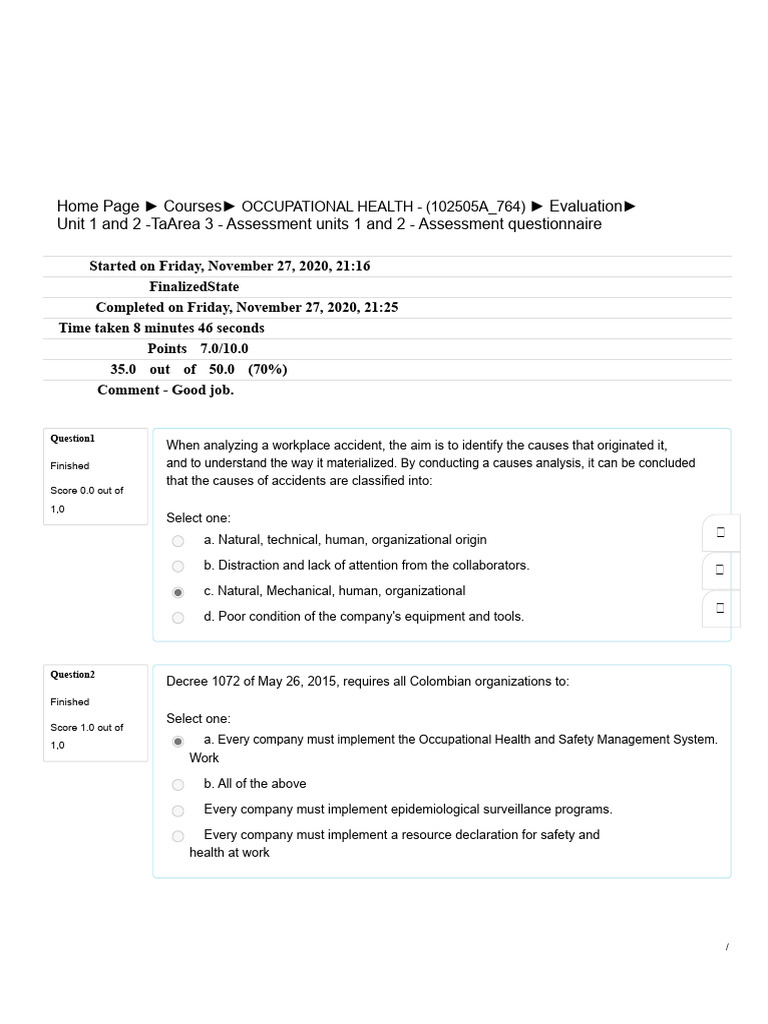 Occupational Health Assessment Quiz | PDF | Occupational Safety And ...