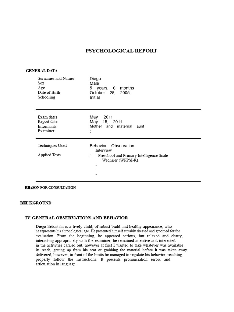Psychological Report for Child Diego | PDF | Intelligence Quotient ...