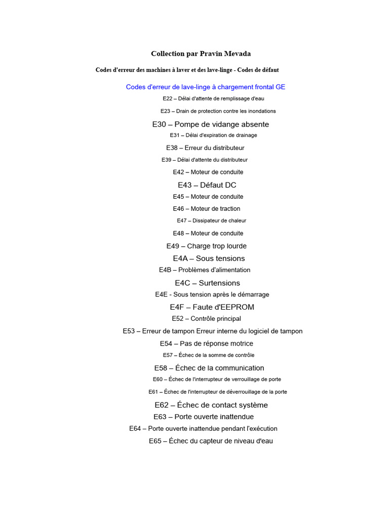 Codes d'erreur des machines à laver PDF Machine à laver Machine — free download