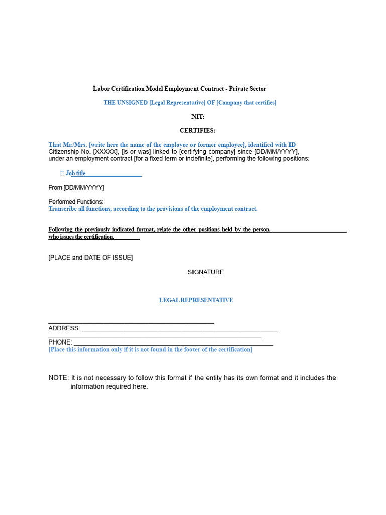 Labor Certification Employment Contract Template | PDF