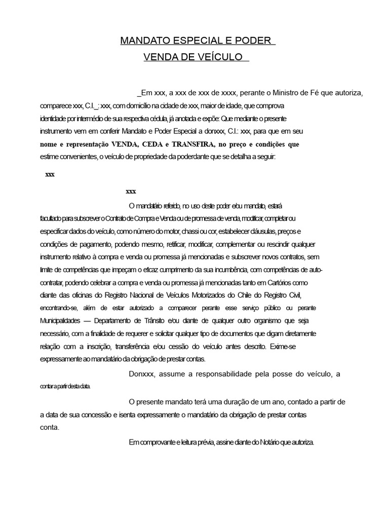 Modelo de Mandato e Procuração para Venda de Veículo | PDF