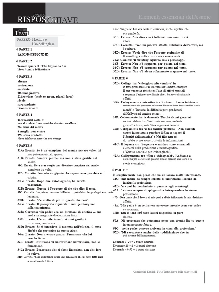 Essenziali Per L'esame Test Di Pratica FCE 1 Chiave Delle Risposte | PDF