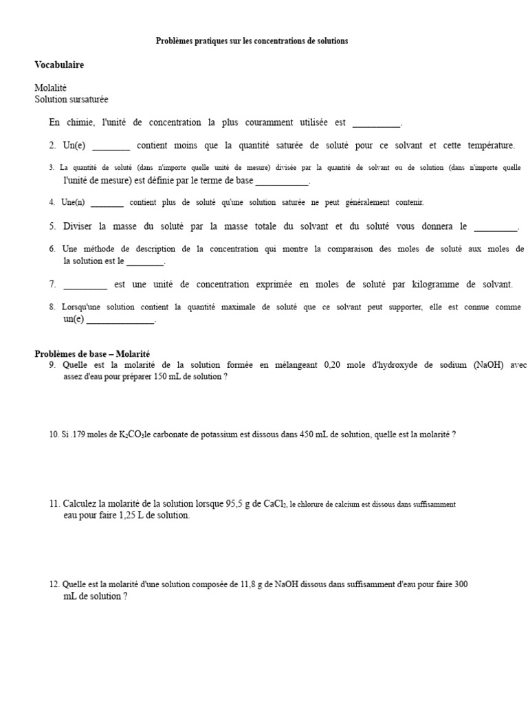 Concentrations de solutions en chimie | PDF | Concentration molaire ...