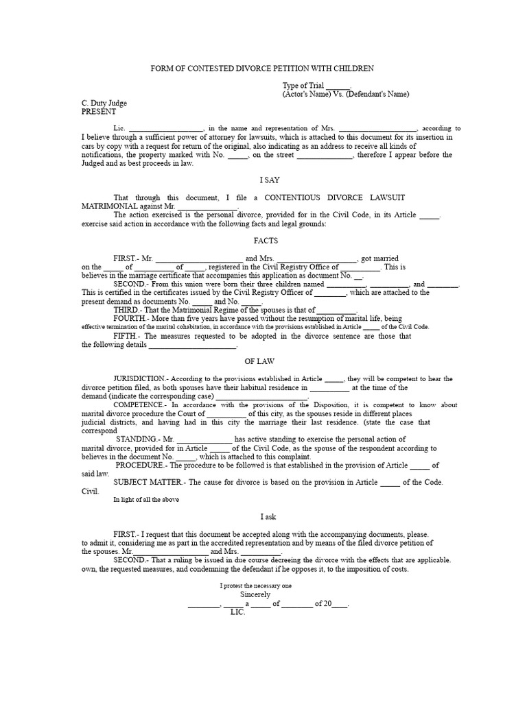 Contested Divorce Petition Template with Children | PDF | Divorce ...