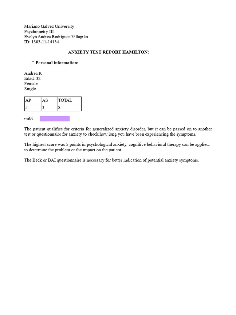 Hamilton Anxiety Test Report Summary | PDF