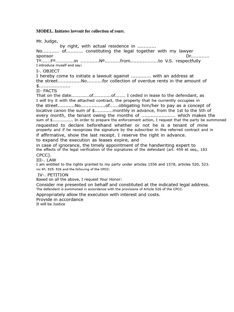 Lawsuit for Overdue Rent Collection | PDF