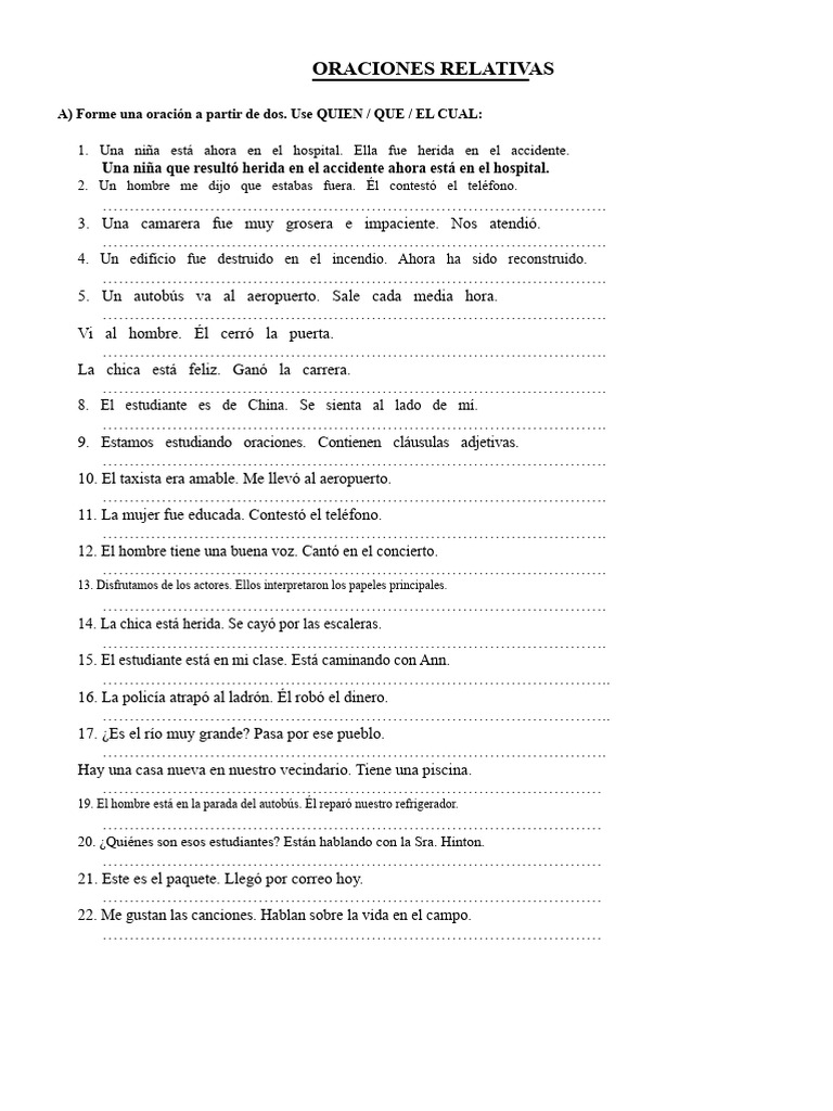 Ejercicios de Oraciones Relativas en Español | PDF