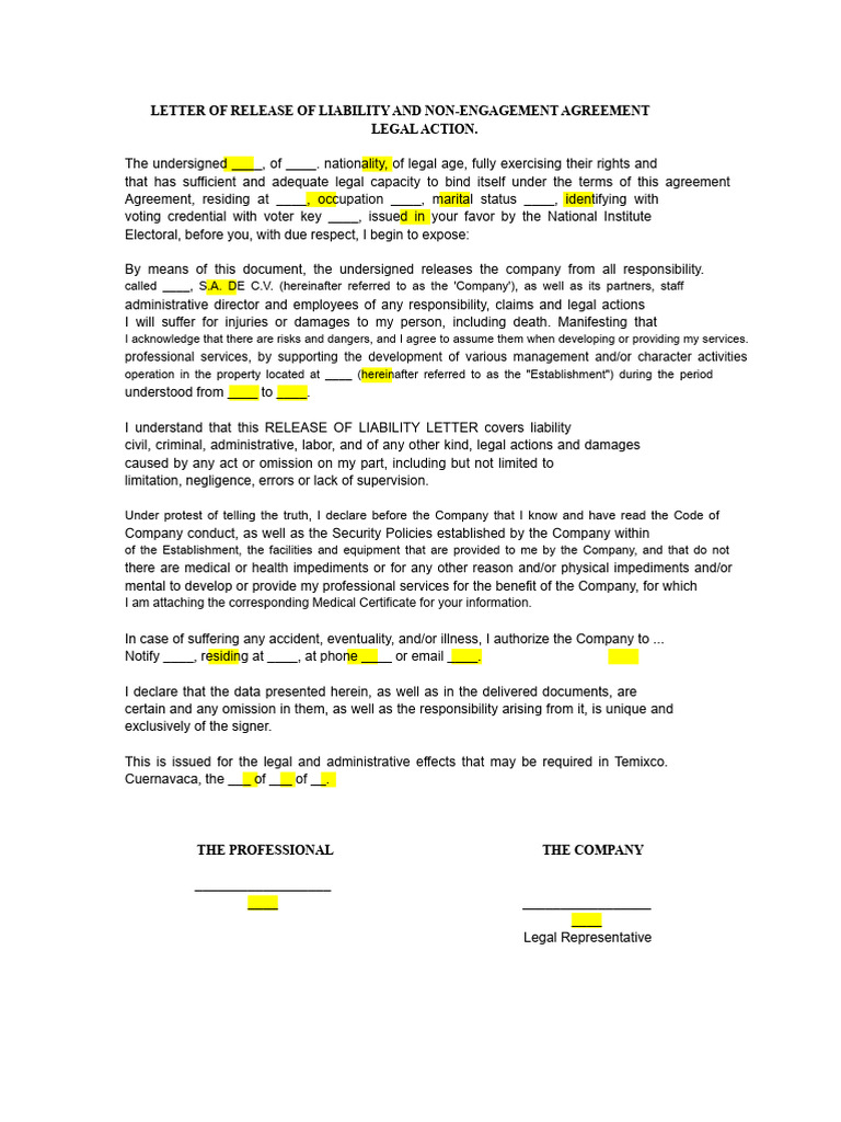 Liability Release and Non-Engagement Agreement | PDF | Legal Liability ...