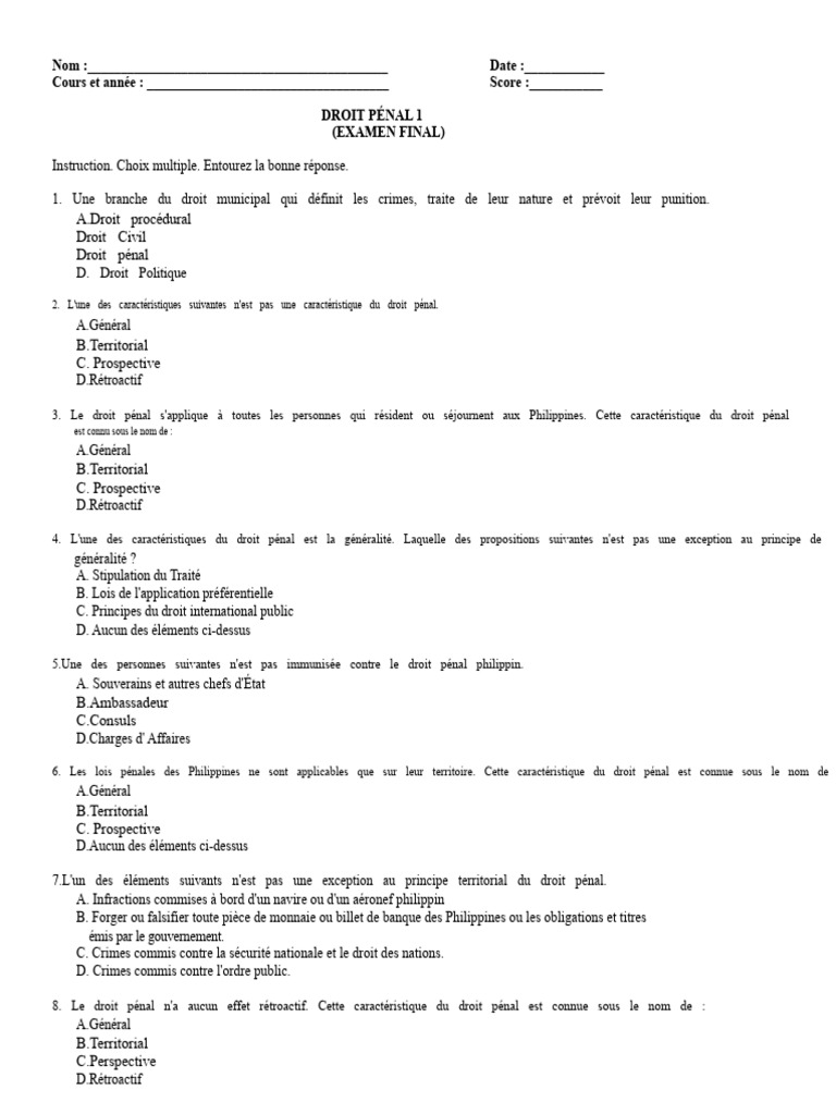 Examen Final de Droit Pénal 1 | PDF | Crimes | Crime et violence