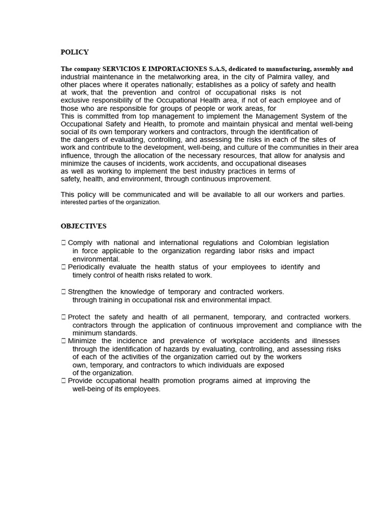 Occupational Safety and Health Policy | PDF | Occupational Safety And ...