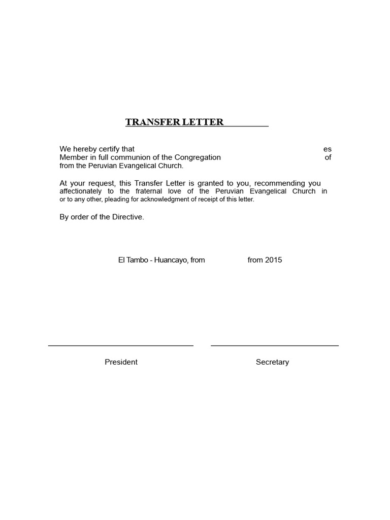 Transfer Letter for Church Membership | PDF