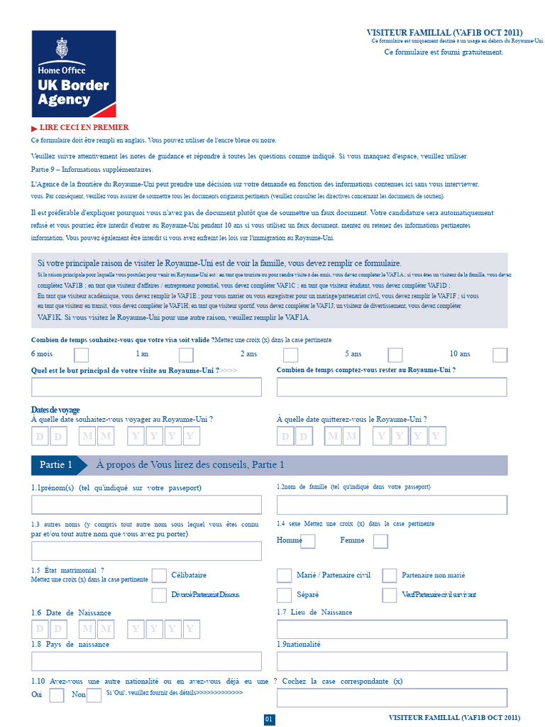 Formulaire Visa Visiteur Familial VAF1B | PDF | Visa (Document) | Crimes