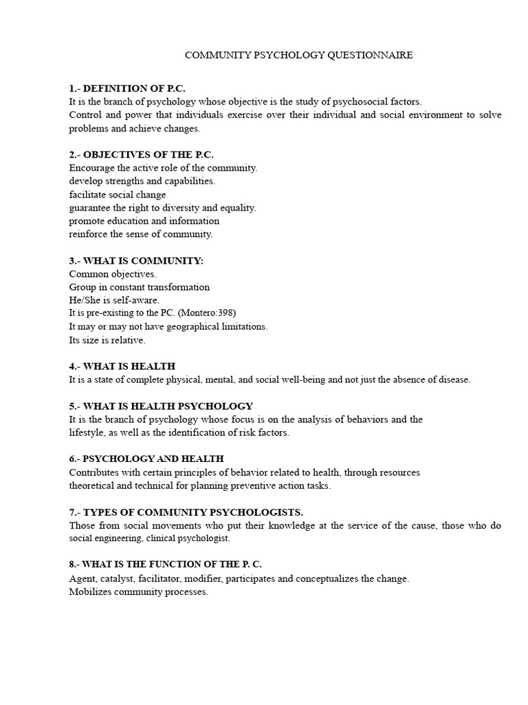 Community Psychology Questionnaire | PDF | Psychology | Preventive ...