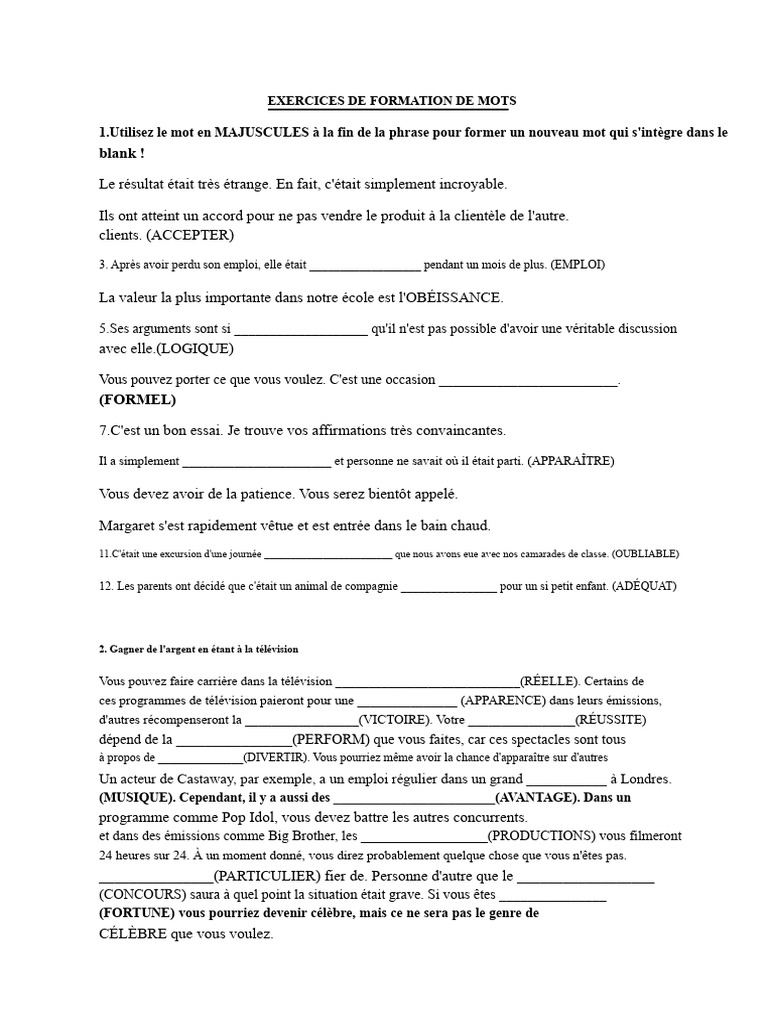 Exercices de formation de mots corrigés | PDF
