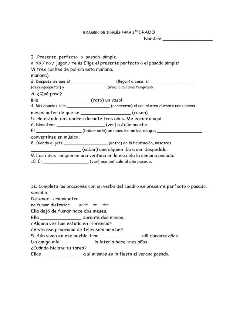 Examen de Inglés: Presente Perfecto y Pasado Simple | PDF | Verbo