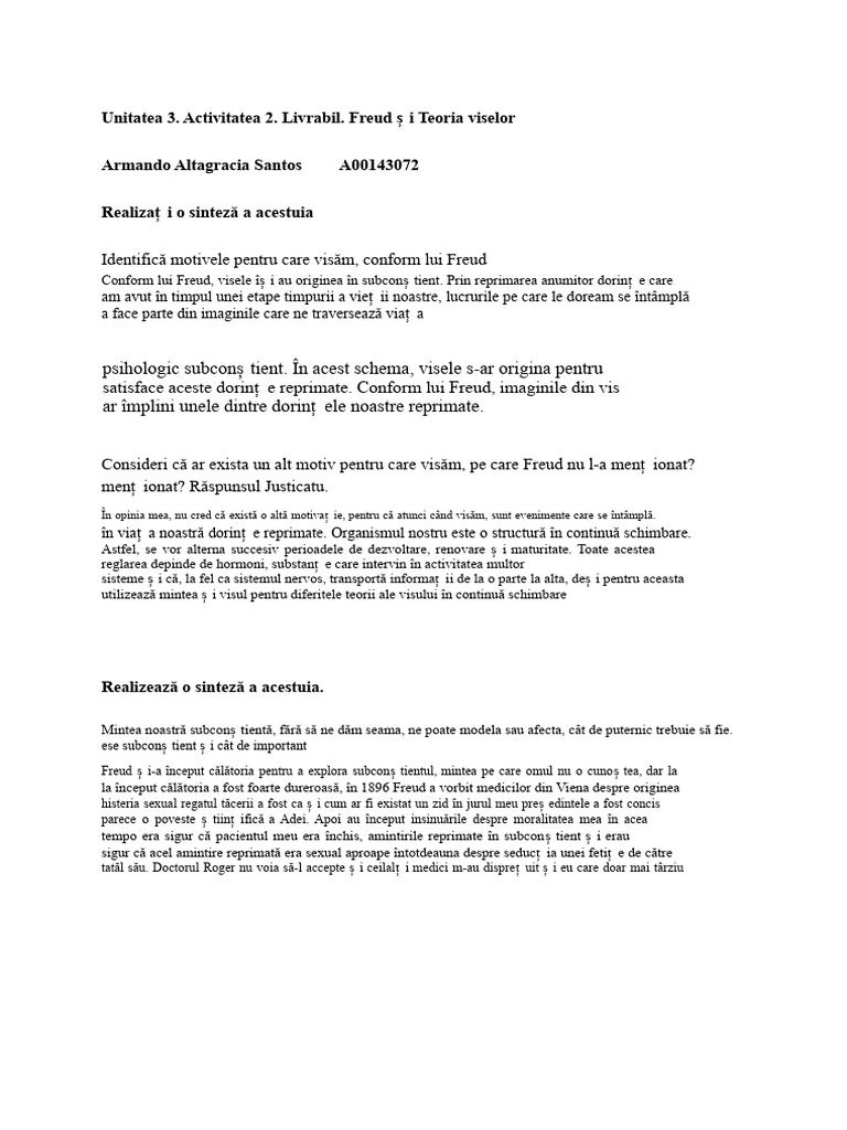 Unitatea 3. Activitatea 2. Livrabil. Freud Ș I Teoria Viselor Armando ...