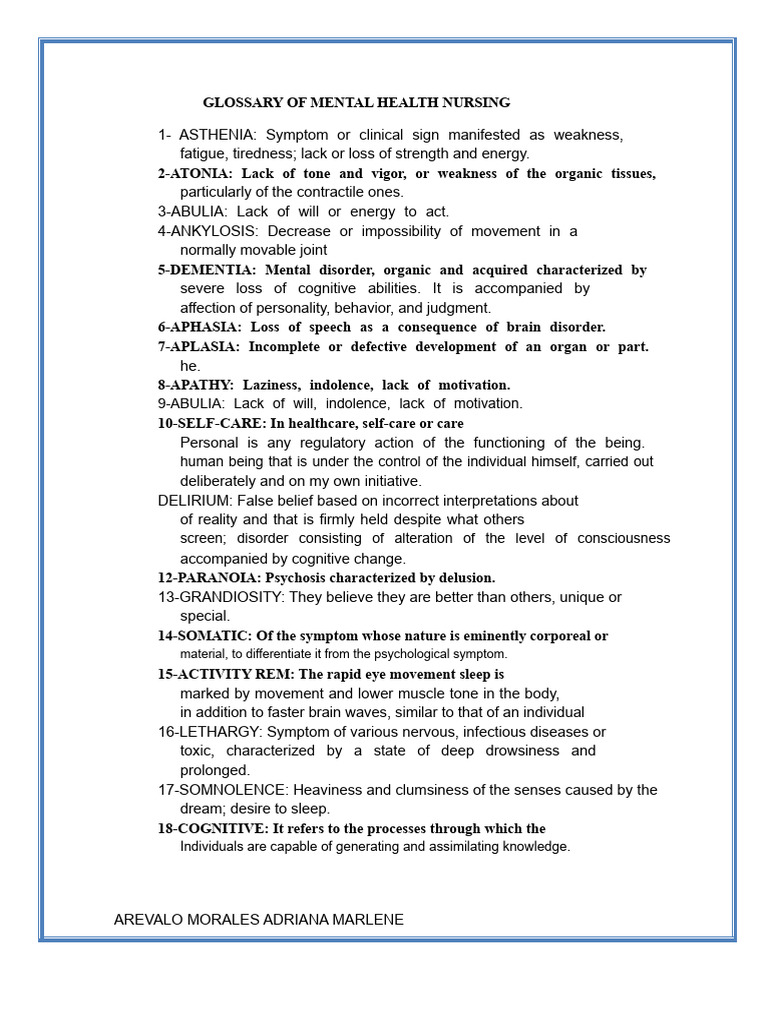 Mental Health Nursing Glossary | PDF | Mental Disorder | Major ...