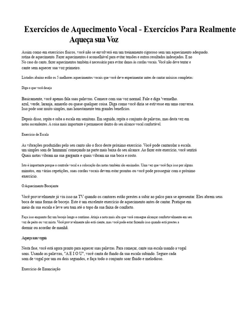 Exercícios De Aquecimento Vocal Exercícios Para R Pdf Canto Voz