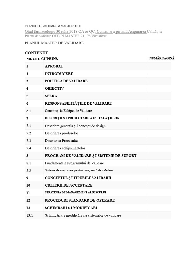 Planul de Validare Master | PDF