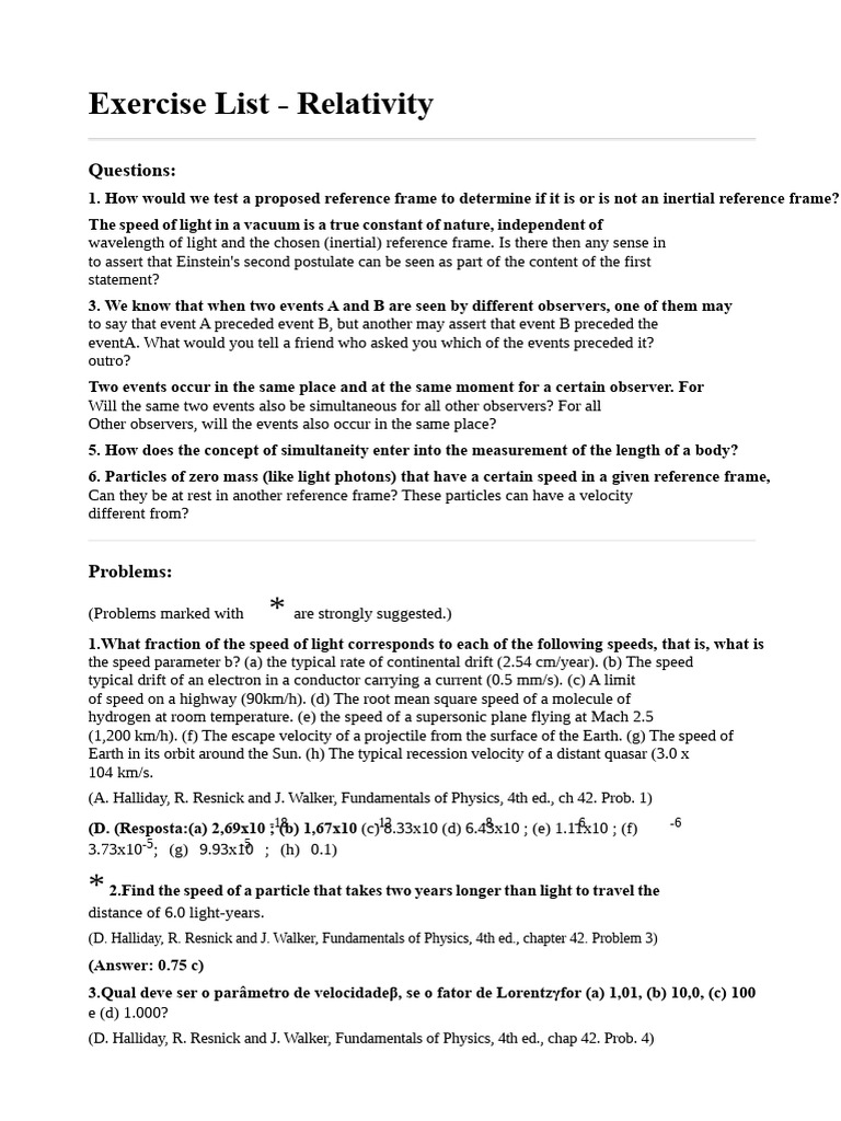 Relativity Exercise Problems and Concepts | PDF | Speed Of Light ...