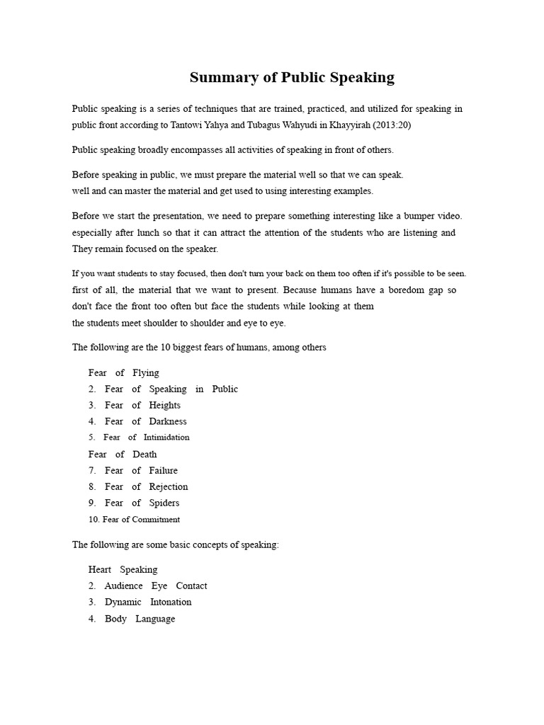Summary of Public Speaking | PDF | Body Language | Facial Expression