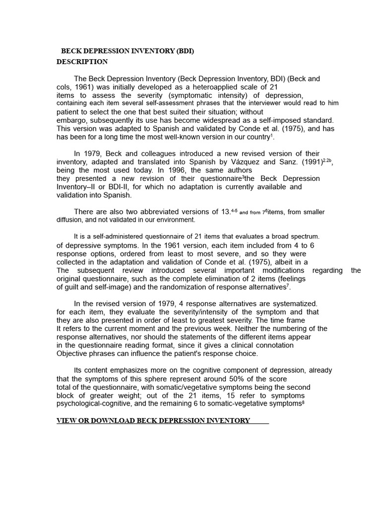 Overview of Beck Depression Inventory | PDF | Mental Health | Psychology