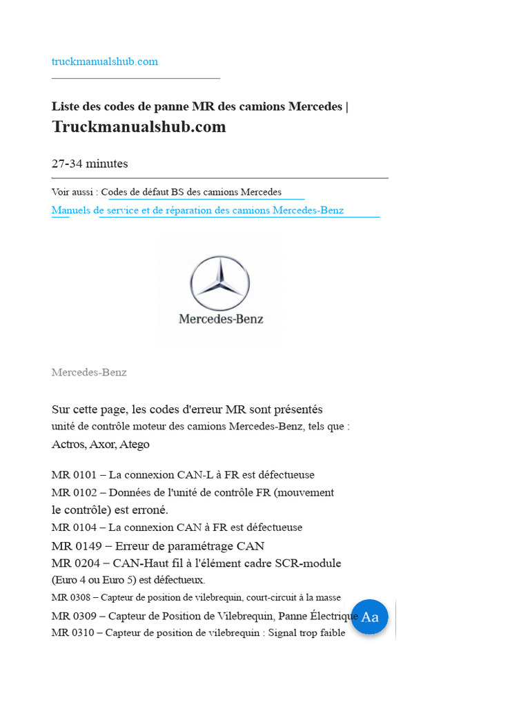 Codes de panne MR pour camions Mercedes | PDF | Turbocompresseur | Soupape