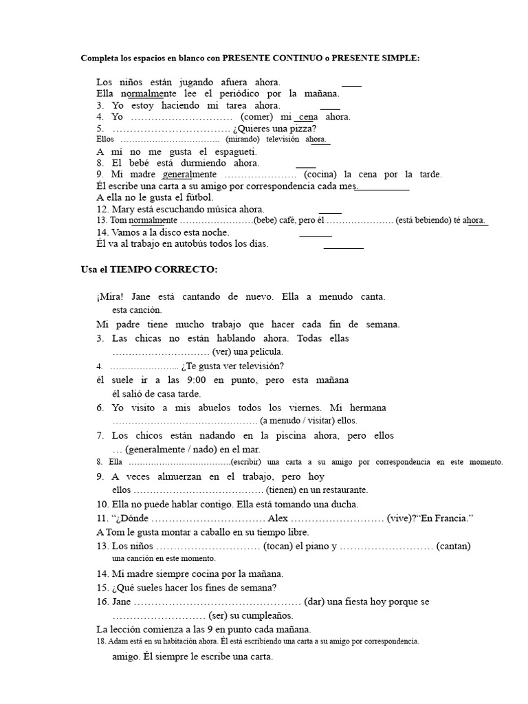 Ejercicios de Presente Continuo y Simple | PDF