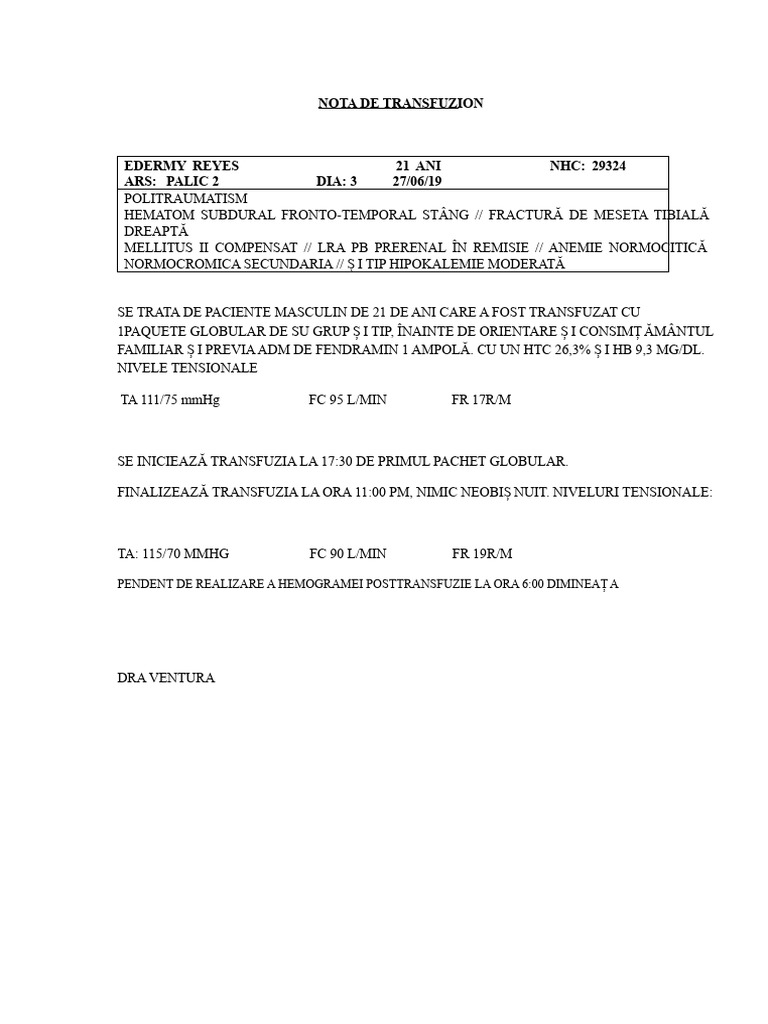 Notă de Transfuzie | PDF