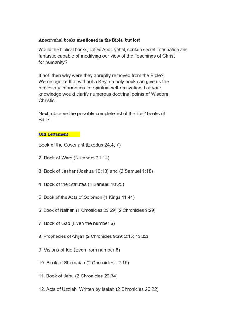 Lost Apocryphal Bible Books List | PDF | Acts Of The Apostles | Paul ...