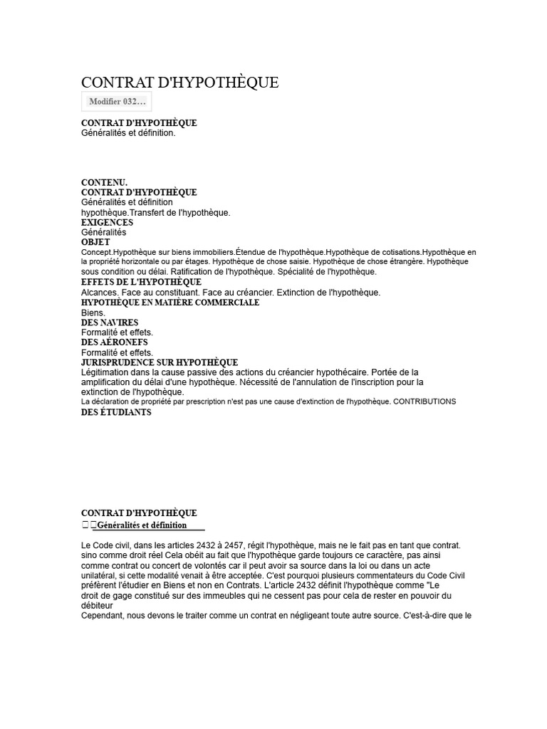 Contrat d'Hypothèque : Définition et Exigences | PDF | Droit des ...