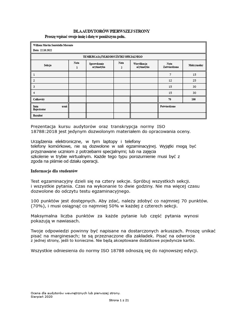 Ocena Audytu Wewnętrznego ISO 18788 v2018 SGOS Sierpień 2020 v1 - Peru ...