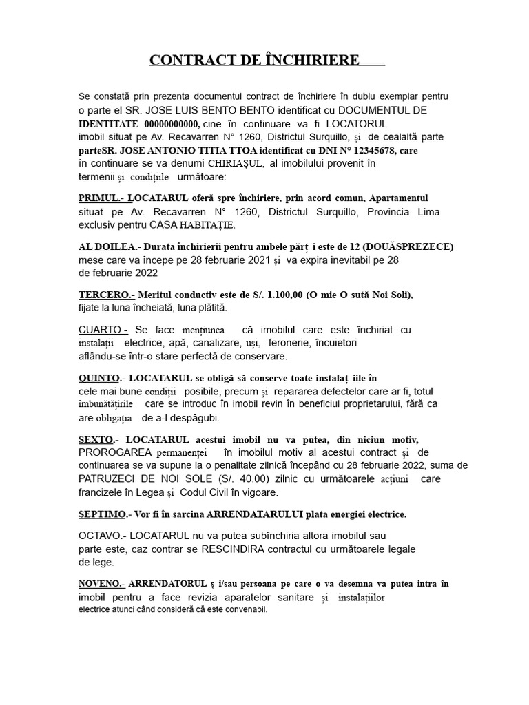 Model de Contract de Închiriere Apartament | PDF