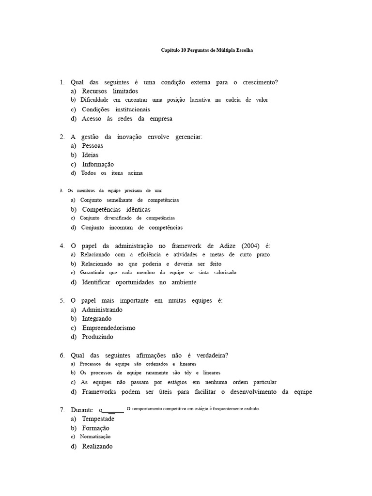 Perguntas de Múltipla Escolha sobre Gestão | PDF | Inovação ...