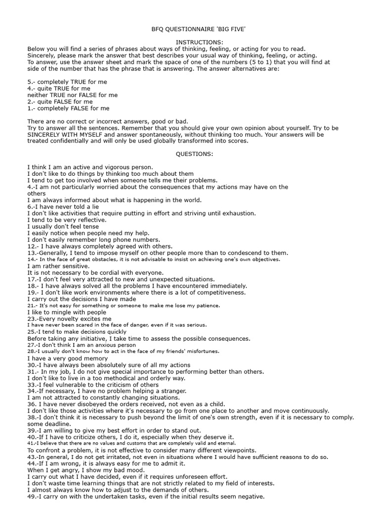 Big Five Personality Questionnaire | PDF | Questionnaire | Psychology