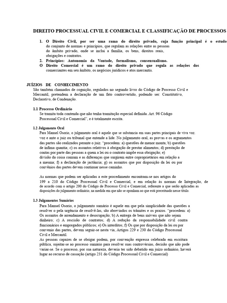 Direito Processual Civil e Comercial e Classificação de Processos | PDF ...