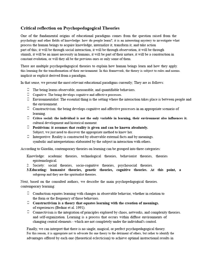 Critical Reflection - Psychopedagogical Theories | PDF | Constructivism ...