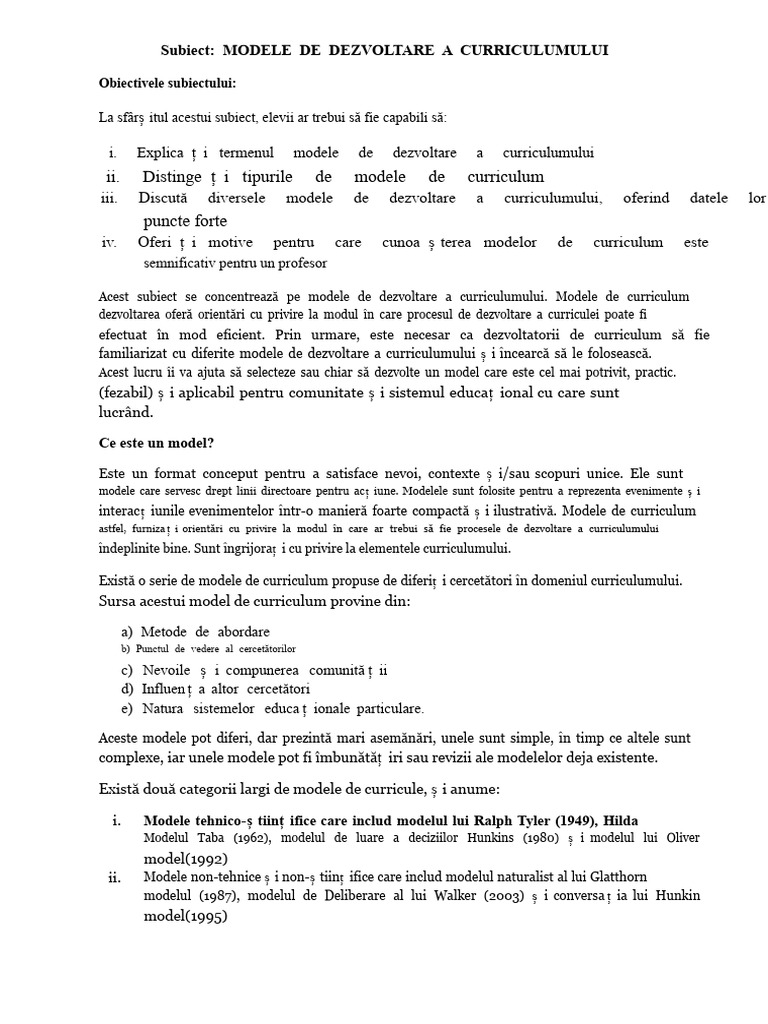 EDCI 211 Modele de Dezvoltare A Curriculumului | PDF