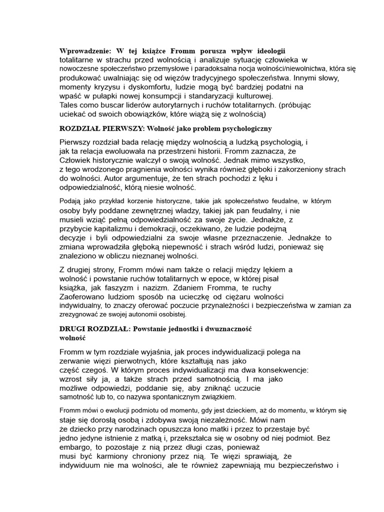 Podsumowanie Strachu Przed Wolnością | PDF