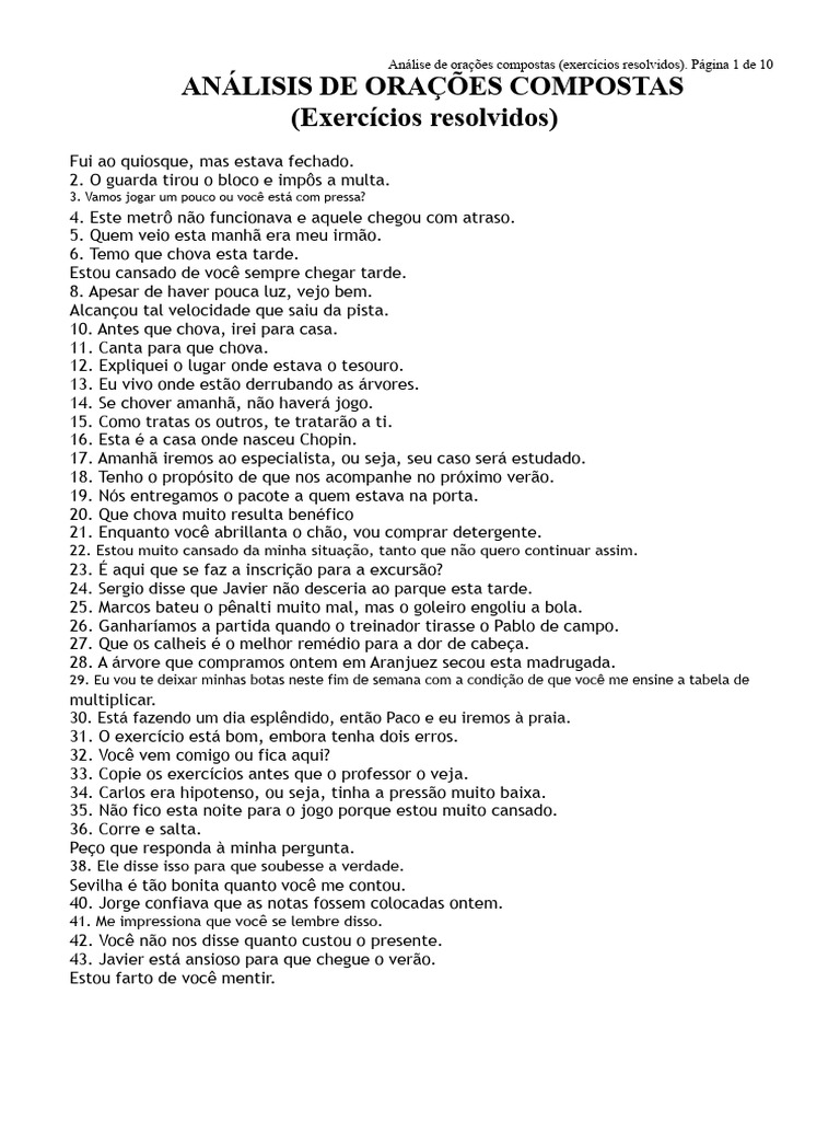 Análise de Orações Compostas: Exercícios | PDF | Assunto (gramática ...
