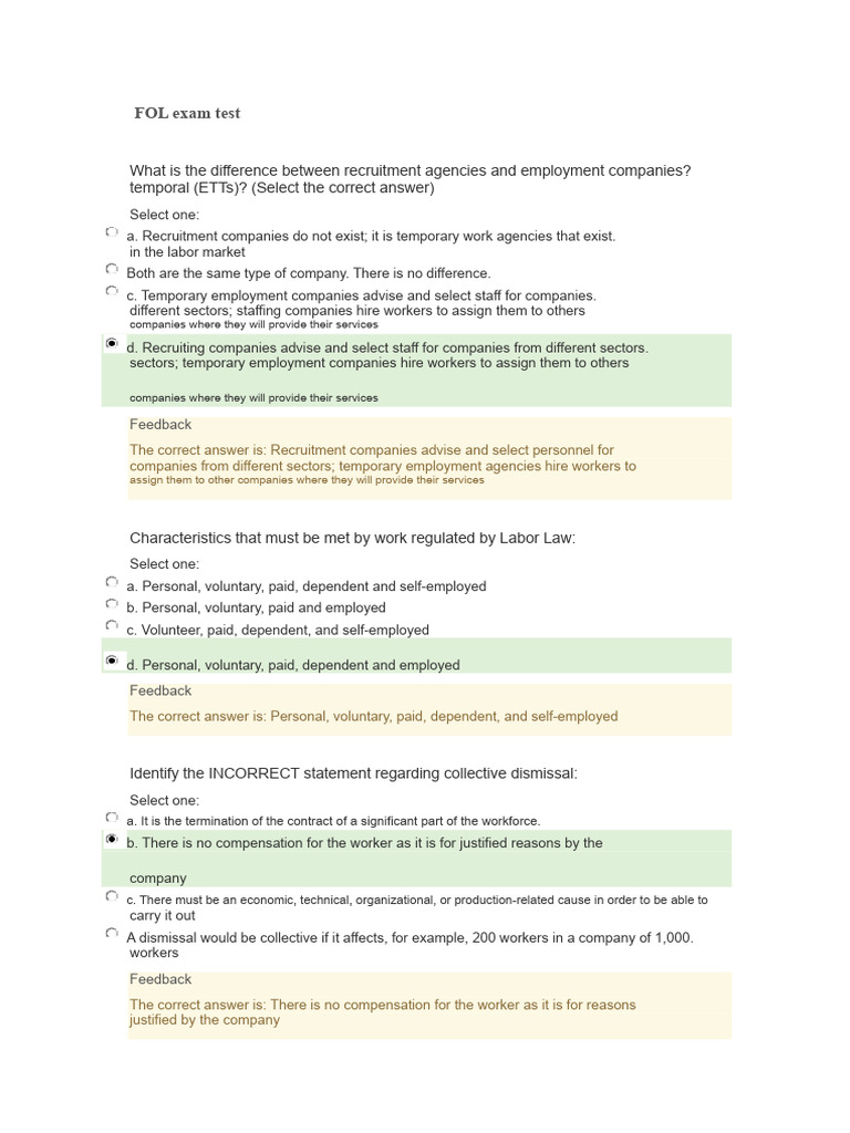 Exam test of FOL | PDF | Temporary Work | Employment Agency