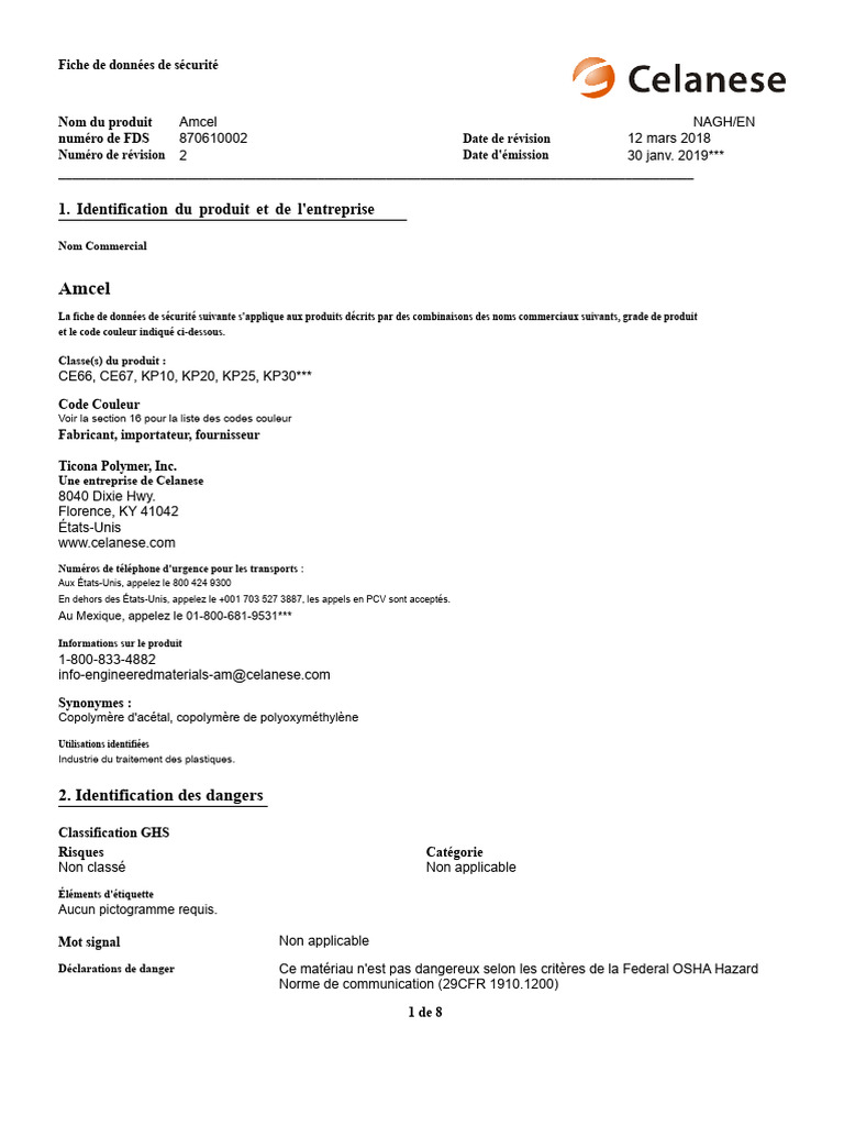 Fiche de données de sécurité Amcel KP20 | PDF | Dioxyde de carbone ...