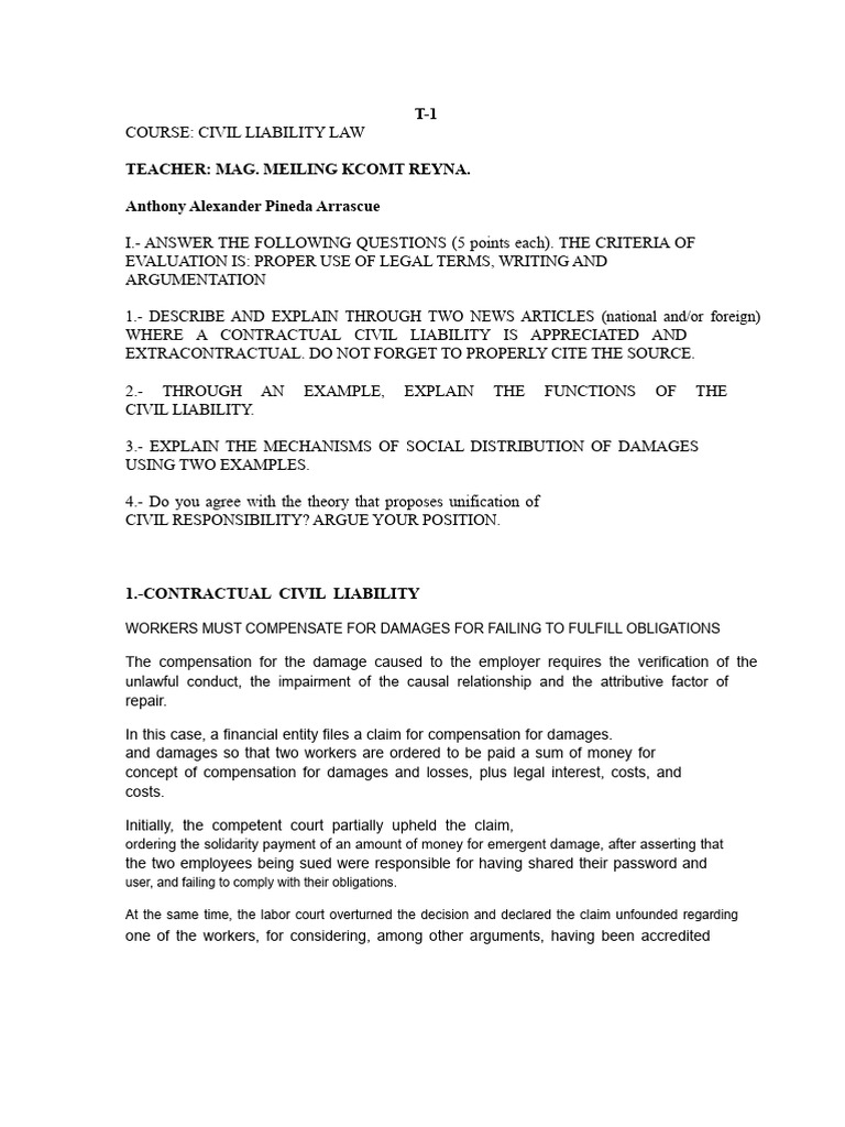 Civil Liability Law T1 Exam | PDF | Damages | Legal Liability